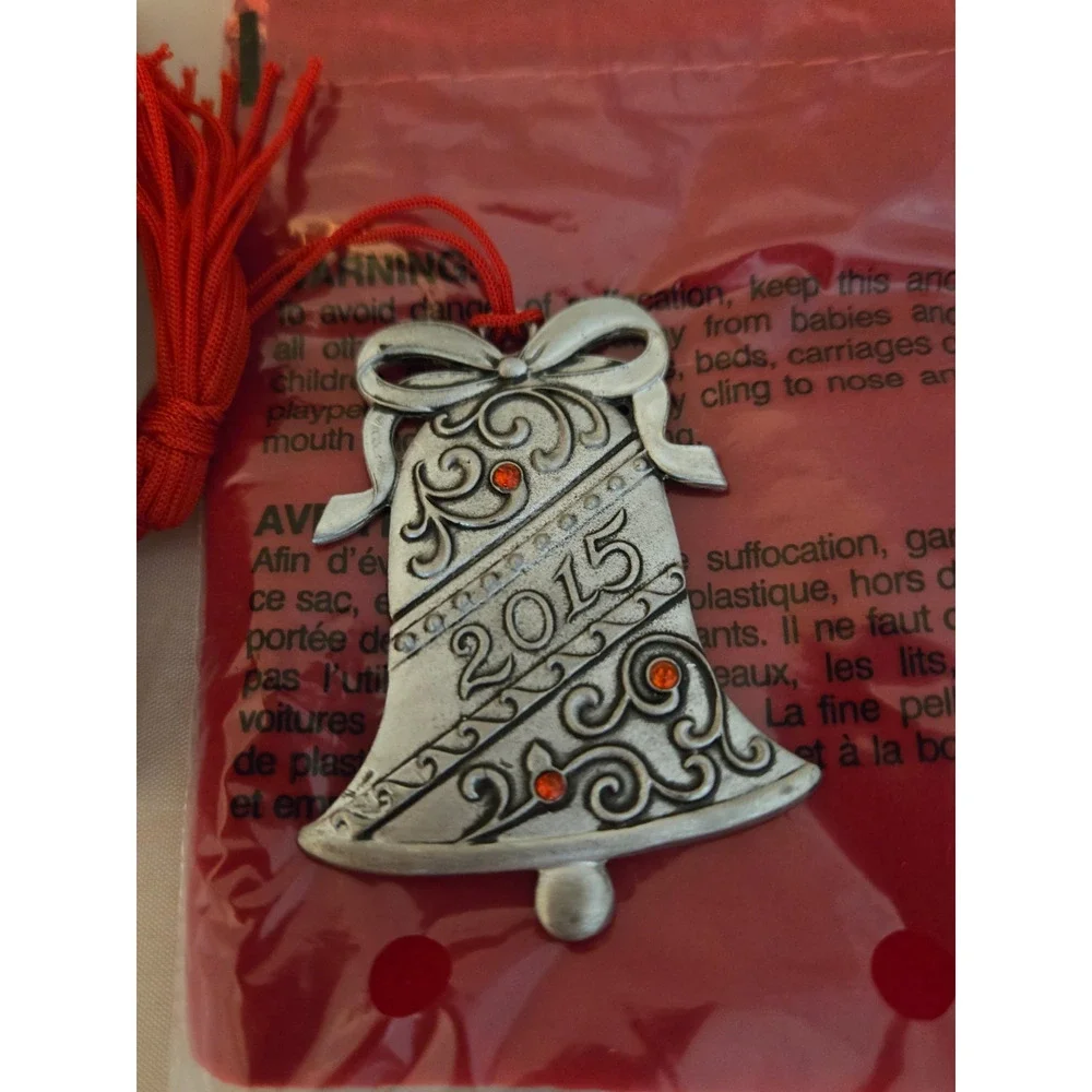 Avon Pewter Christmas Ornament 2015 Christmas Bell w/ Box Velvet Bag Rhinestones